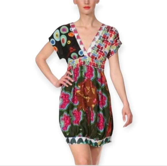 Desigual Dresses & Skirts - Desigual Patchwork Colourful Plunge V-Neck Dress 80s Geometric Bubble Hem Small